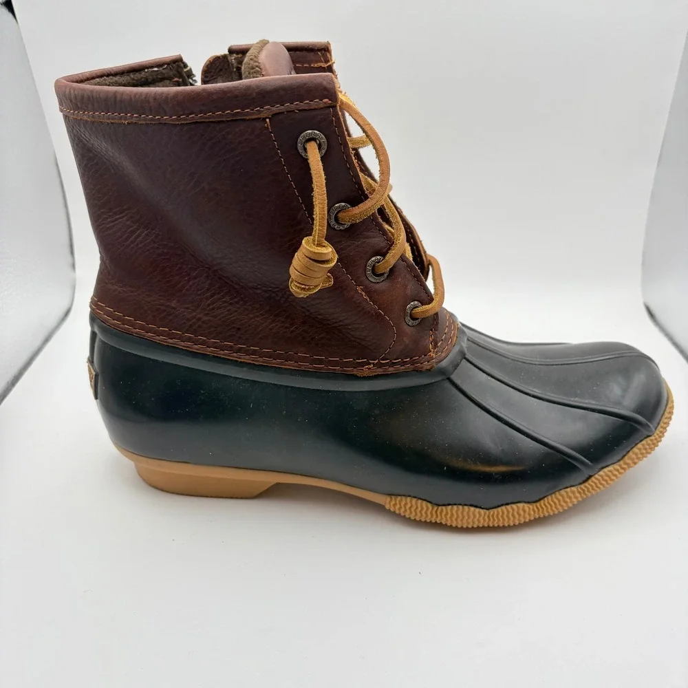 Sperry Women 8 Saltwater Duck Boots Brown Black Leather Rubber Waterproof Ankle